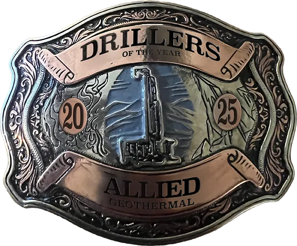 Drillers of the Year 2025 buckle, engraved Allied Geothermal