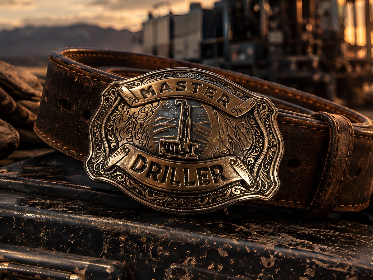 The Master Driller custom silver belt buckle on a worn leather belt, laid on a toolbox at a drill site at sunset